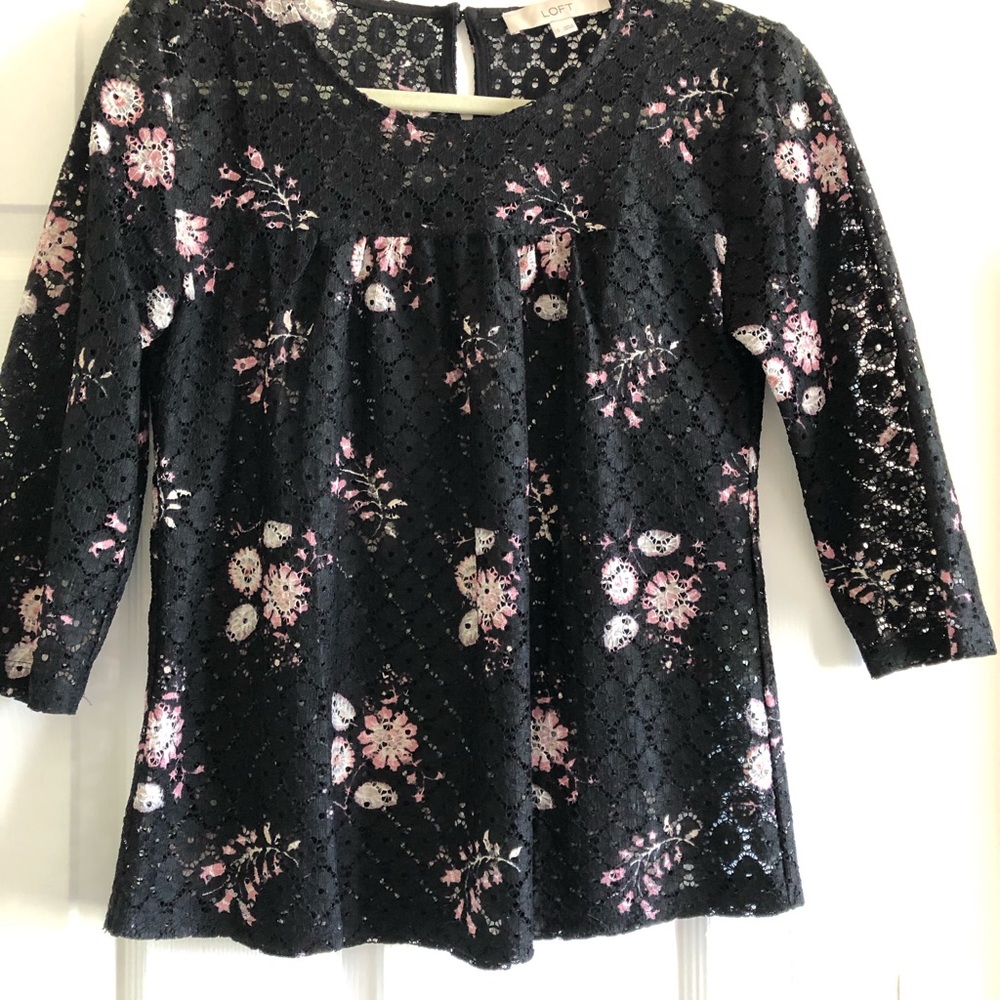 Black Blouse with Flower Print Lace Too